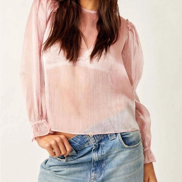 Free People Tops - Free People Freya frost top Sheer Blush Pink Long-Sleeve Peasant Top